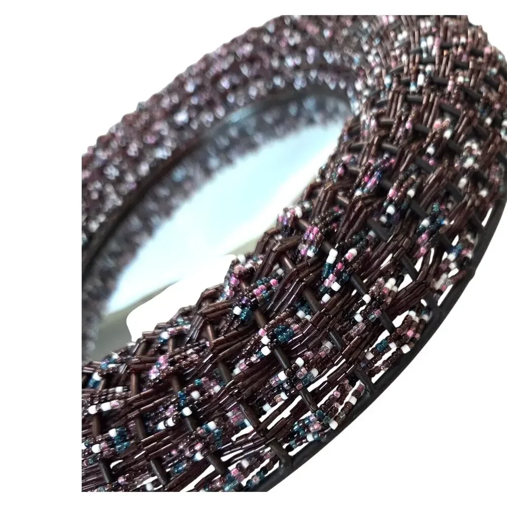 Vtg Metal Oval Beaded Wall Mirror Boho Deep Purple Brown Seed Beads